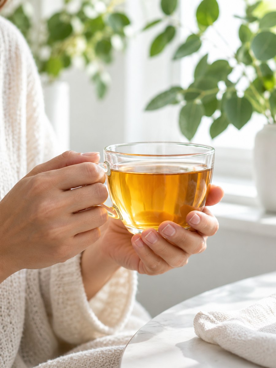 Manos sosteniendo una taza de infusión junto a una ventana