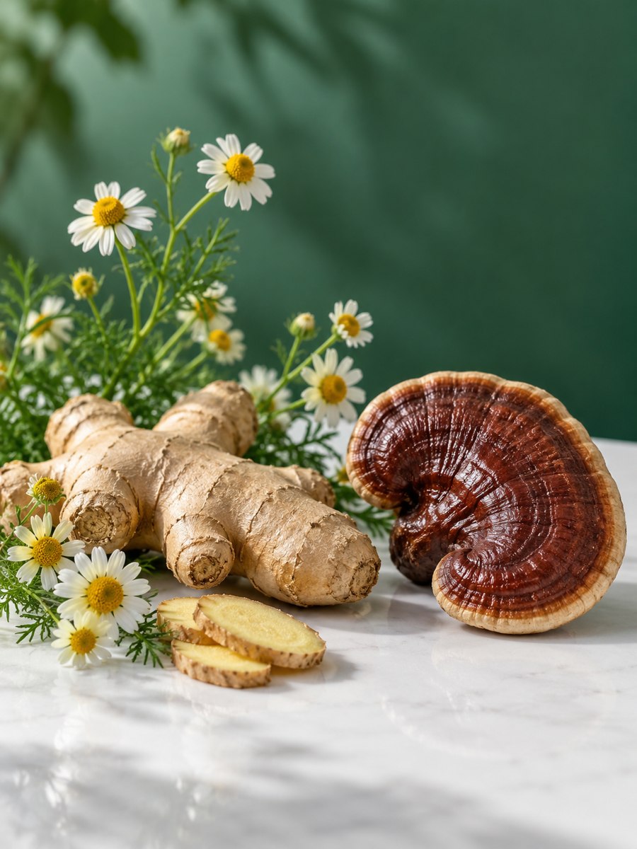 Jengibre, flores de manzanilla y hongo Reishi